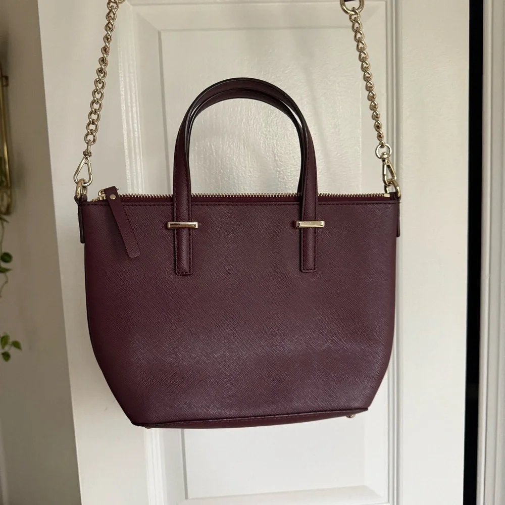 Kate Spade Burgundy Saffiano Leather Crossbody Satchel Gold Chain Strap Red Wine